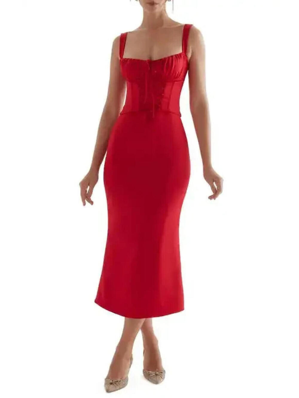 NEW, House of CB Valencia Duchess Satin Corset Midi Dress in Red Sz S #MD1993